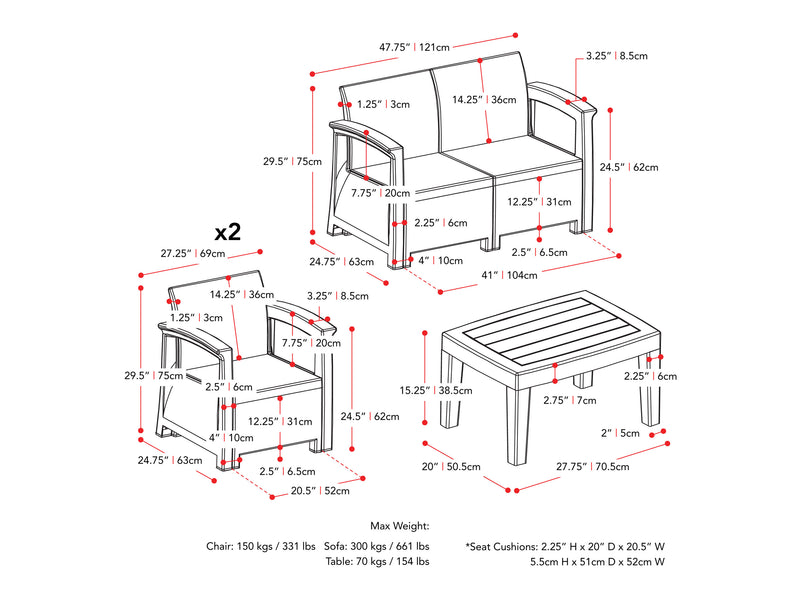 black and grey Patio Conversation Set, 4pc Lake Front Collection measurements diagram by CorLiving