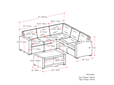 black and grey Outdoor Wicker Sectional Set, 6pc Lake Front Collection measurements diagram by CorLiving#color_black-and-grey