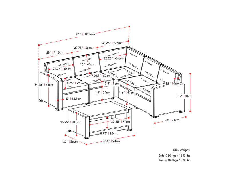 black and grey Outdoor Wicker Sectional Set, 6pc Lake Front Collection measurements diagram by CorLiving