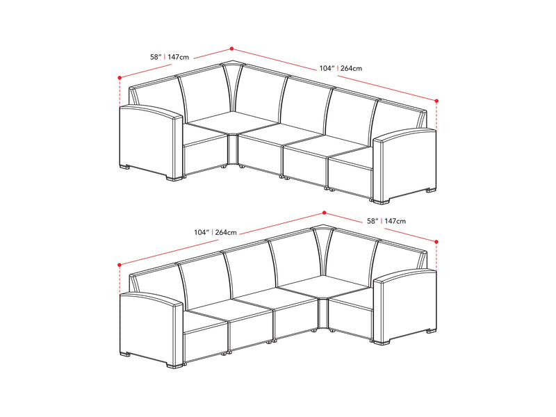black Outdoor Wicker Sectional Set, 6pc Lake Front Collection measurements diagram by CorLiving