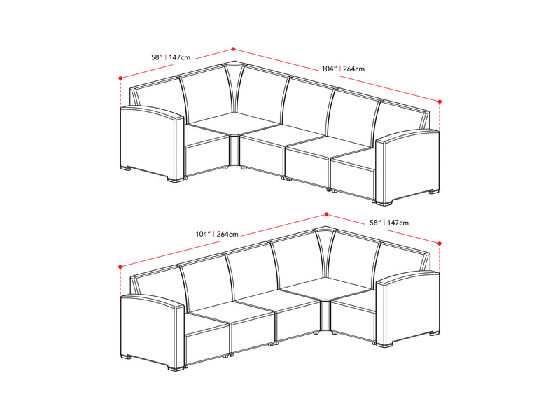 black and grey Outdoor Wicker Sectional Set, 6pc Lake Front Collection measurements diagram by CorLiving