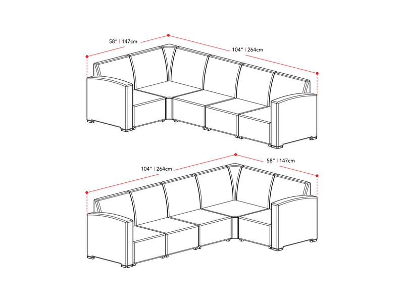 black Outdoor Wicker Sectional Set, 6pc Lake Front Collection measurements diagram by CorLiving