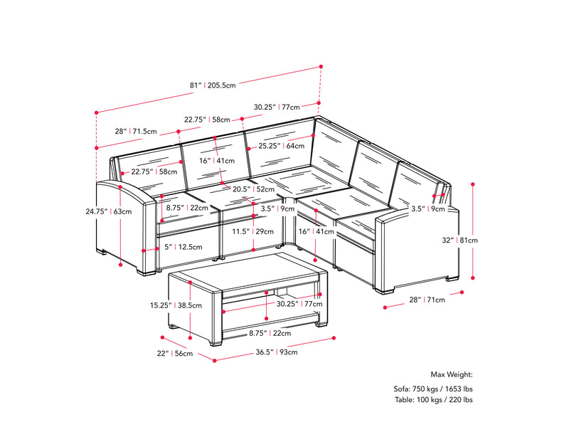 black and blue Outdoor Wicker Sectional Set, 6pc Lake Front Collection measurements diagram by CorLiving