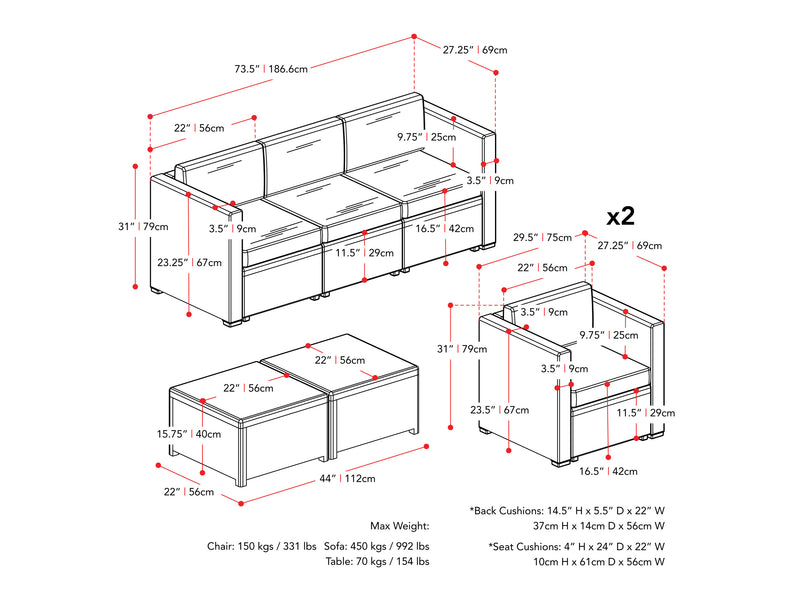 beige 5pc Patio Set Lake Front Collection measurements diagram by CorLiving