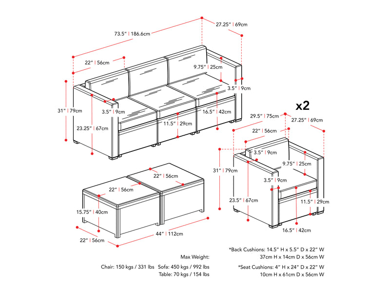 black and blue 5pc Patio Set Lake Front Collection measurements diagram by CorLiving