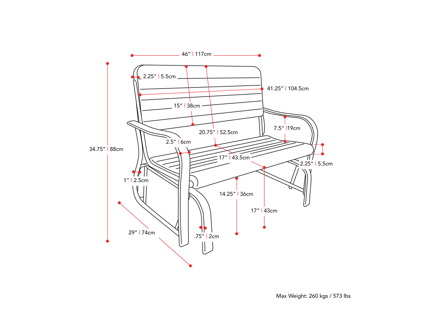 Grey wooden gliding patio bench with slatted back and seat, featuring a durable metal frame, perfect for outdoor relaxation.