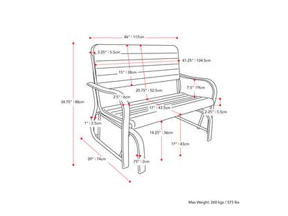 Grey wooden gliding patio bench with slatted back and seat, featuring a durable metal frame, perfect for outdoor relaxation.