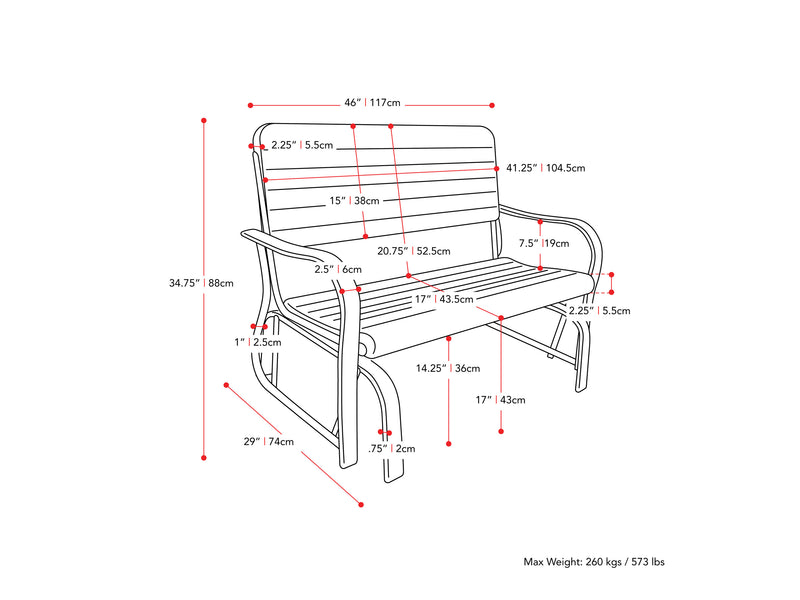 dark green Gliding Bench Lake Front Collection measurements diagram by CorLiving
