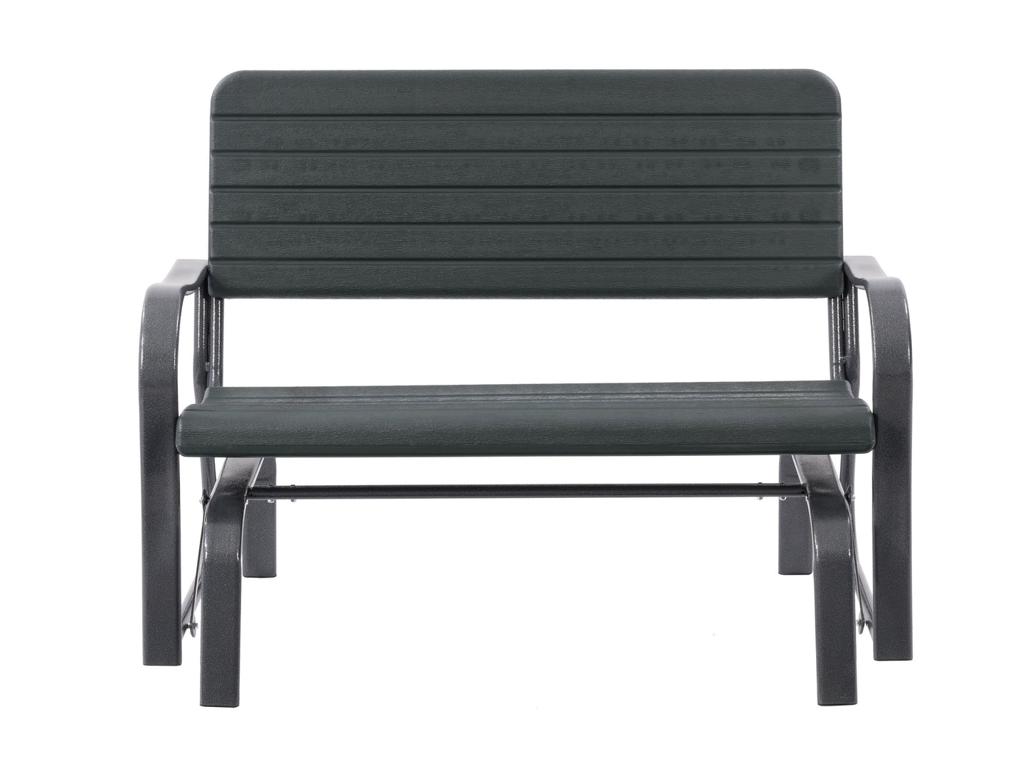Modern outdoor patio bench with sleek black metal frame, natural wood slats, and comfortable armrests. Ideal for garden or backyard seating, blending contemporary design with durable materials for stylish outdoor living.