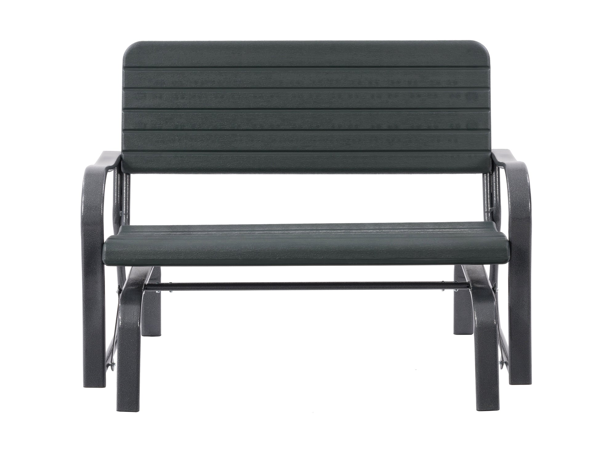 Modern outdoor patio bench with sleek black metal frame, natural wood slats, and comfortable armrests. Ideal for garden or backyard seating, blending contemporary design with durable materials for stylish outdoor living.