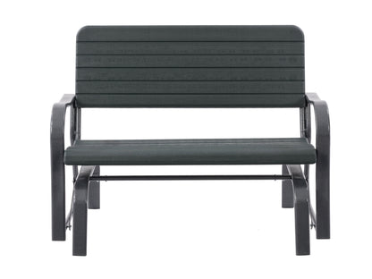 Modern outdoor patio bench with sleek black metal frame, natural wood slats, and comfortable armrests. Ideal for garden or backyard seating, blending contemporary design with durable materials for stylish outdoor living.