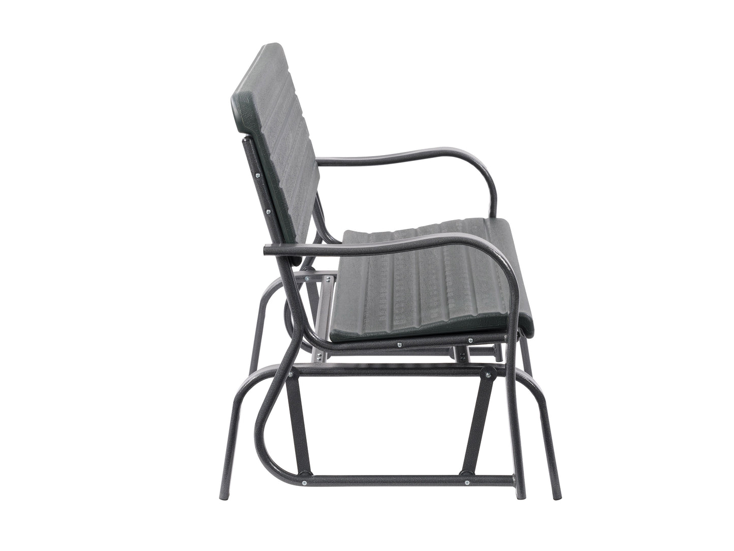 Dark gray gliding patio bench with a sleek metal frame, slatted backrest, and comfortable armrests, ideal for outdoor seating in gardens or patios.