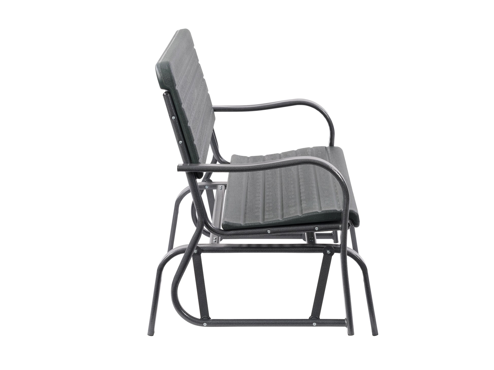 Dark gray gliding patio bench with a sleek metal frame, slatted backrest, and comfortable armrests, ideal for outdoor seating in gardens or patios.