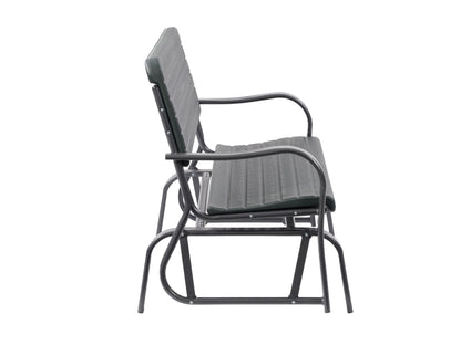Dark gray gliding patio bench with a sleek metal frame, slatted backrest, and comfortable armrests, ideal for outdoor seating in gardens or patios.