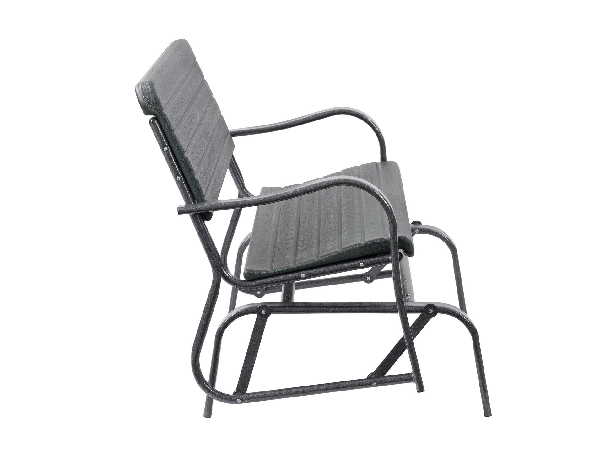 Modern patio gliding bench with grey cushioned seat and backrest, sleek black metal frame, and sturdy armrests, perfect for outdoor relaxation and garden decor.