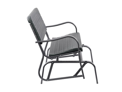 Modern patio gliding bench with grey cushioned seat and backrest, sleek black metal frame, and sturdy armrests, perfect for outdoor relaxation and garden decor.