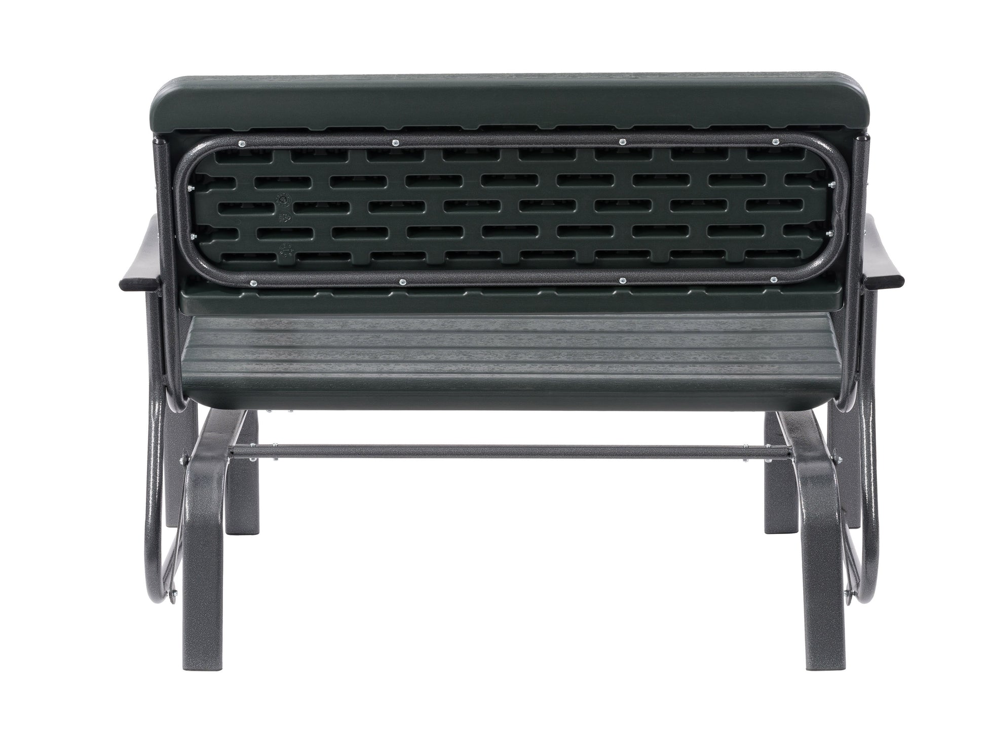 Modern patio gliding bench with sleek, curved metal frame in dark gray, featuring comfortable slatted wooden seat and backrest in natural wood finish, perfect for outdoor relaxation.