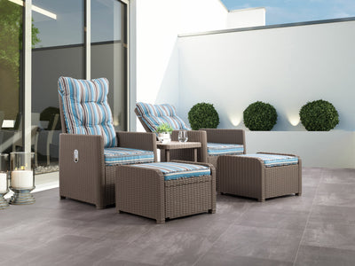 blue stripe Patio Recliner and Ottoman Set, 5pc Lake Front Collection lifestyle scene by CorLiving#color_blue-stripe