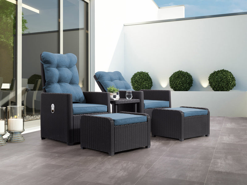 black and blue Patio Recliner and Ottoman Set, 5pc Lake Front Collection lifestyle scene by CorLiving