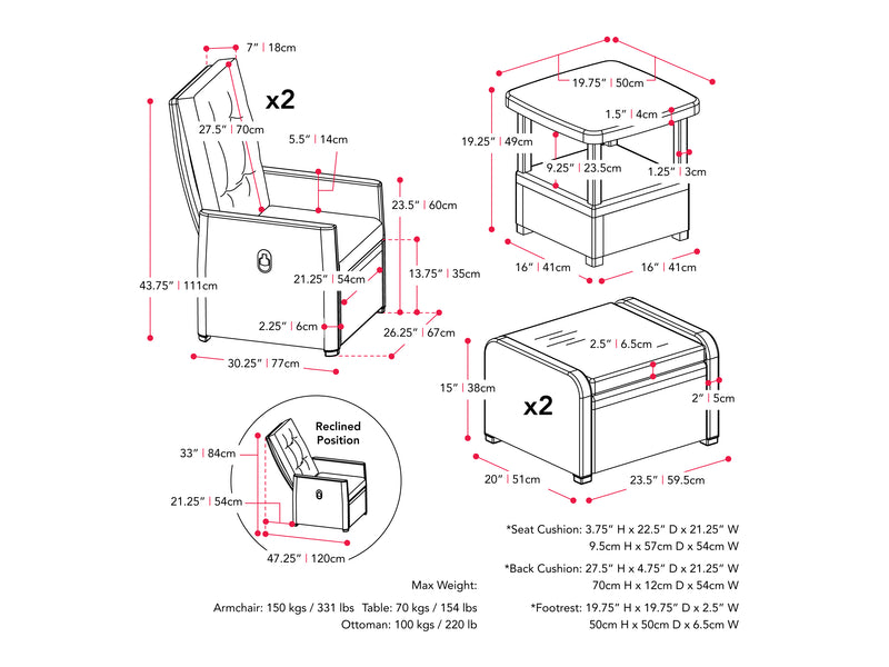 greige Patio Recliner and Ottoman Set, 5pc Lake Front Collection measurements diagram by CorLiving
