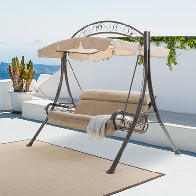 beige Patio Swing With Canopy Nantucket Collection lifestyle scene by CorLiving#color_beige