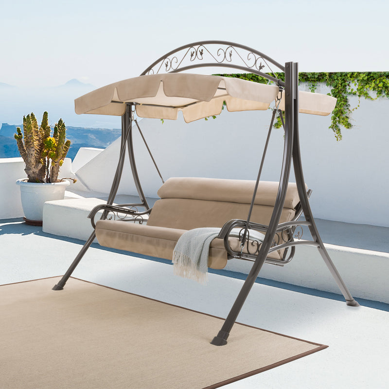 beige Patio Swing With Canopy Nantucket Collection lifestyle scene by CorLiving