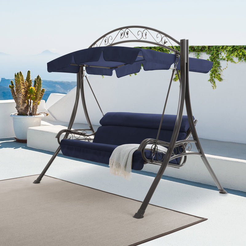 navy blue Patio Swing With Canopy Nantucket Collection lifestyle scene by CorLiving
