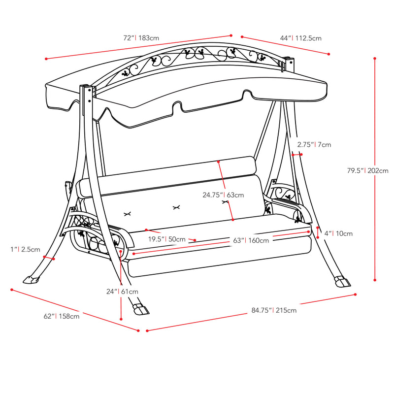 navy blue Patio Swing With Canopy Nantucket Collection measurements diagram by CorLiving
