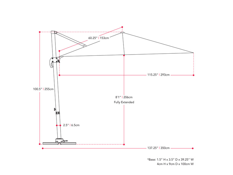 navy blue offset patio umbrella, 360 degree 100 Series measurements diagram CorLiving
