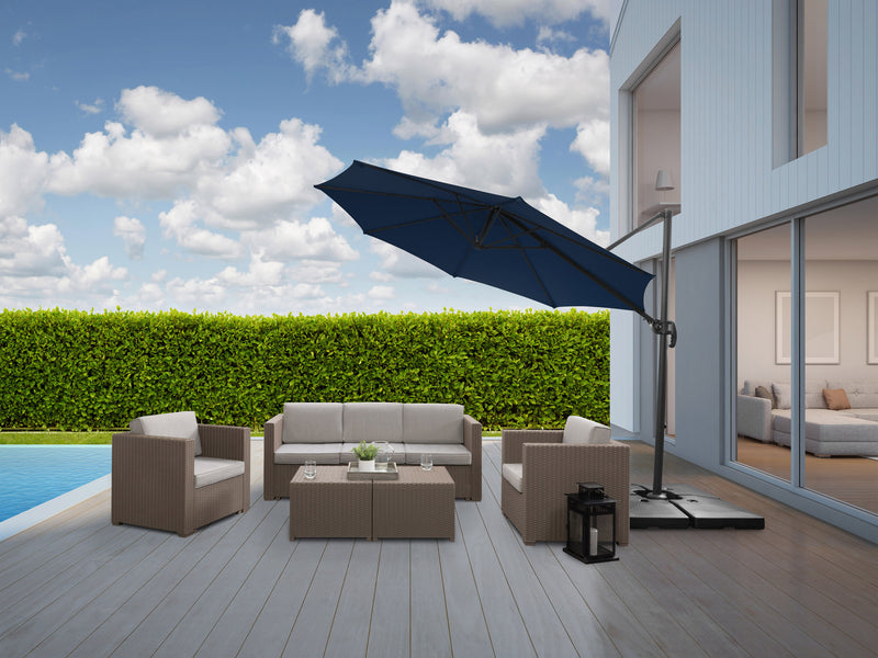 navy blue offset patio umbrella, 360 degree 100 Series lifestyle scene CorLiving