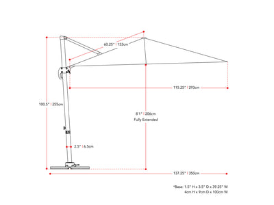 grey offset patio umbrella, 360 degree 100 Series measurements diagram CorLiving#color_grey