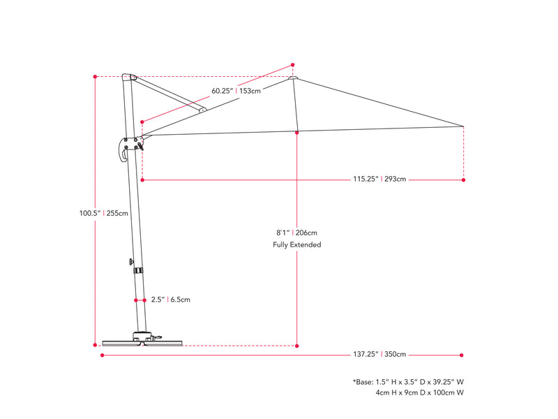 wine red offset patio umbrella, 360 degree 100 Series measurements diagram CorLiving