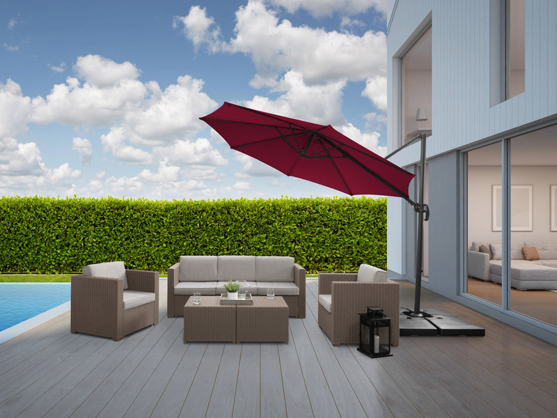 wine red offset patio umbrella, 360 degree 100 Series lifestyle scene CorLiving