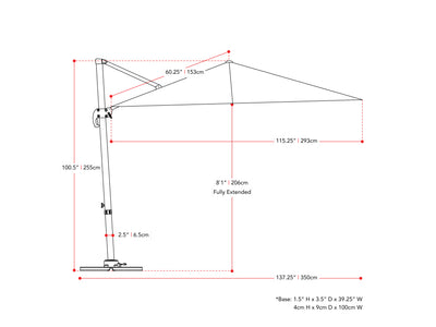 dark green offset patio umbrella, 360 degree 100 Series measurements diagram CorLiving#color_dark-green