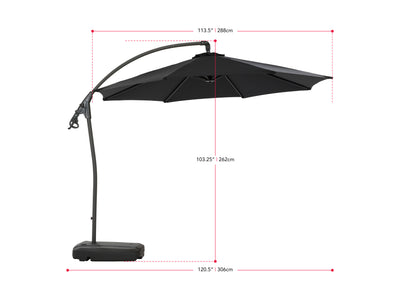 black cantilever patio umbrella with base Endure Collection measurements diagram CorLiving#color_black