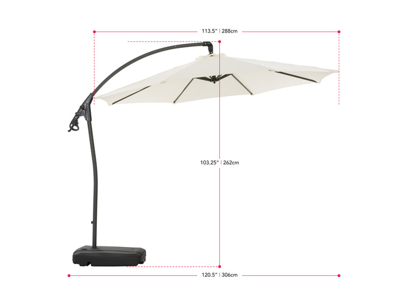 white cantilever patio umbrella with base Endure Collection measurements diagram CorLiving
