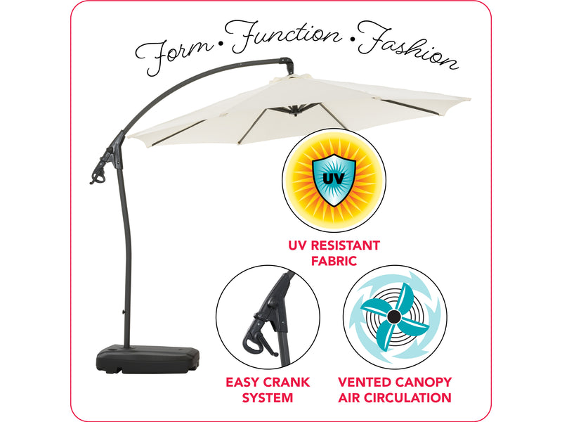 white cantilever patio umbrella with base Endure Collection infographic CorLiving