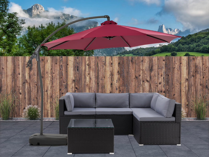 wine red cantilever patio umbrella with base Endure Collection lifestyle scene CorLiving
