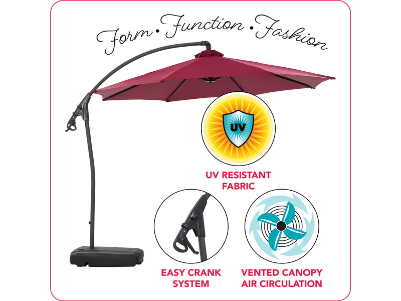 wine red cantilever patio umbrella with base Endure Collection infographic CorLiving