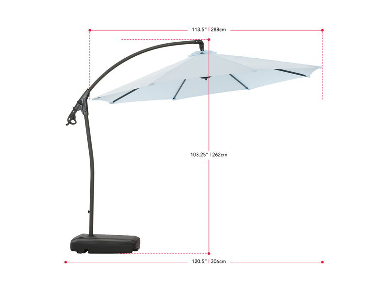 light blue cantilever patio umbrella with base Endure Collection measurements diagram CorLiving