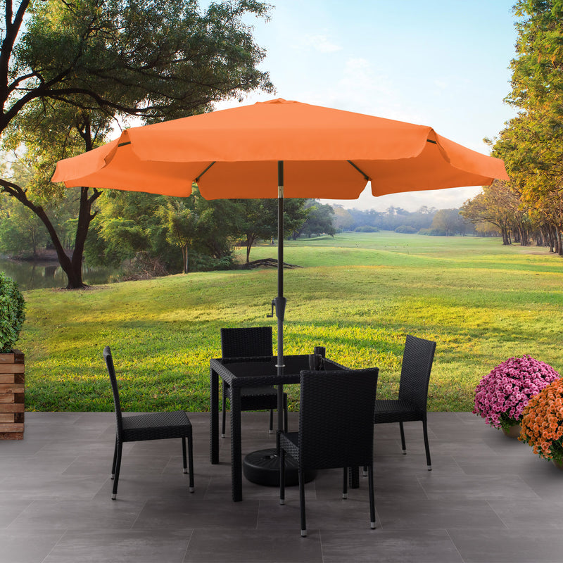 orange 10ft patio umbrella, round tilting with base 200 Series lifestyle scene CorLiving