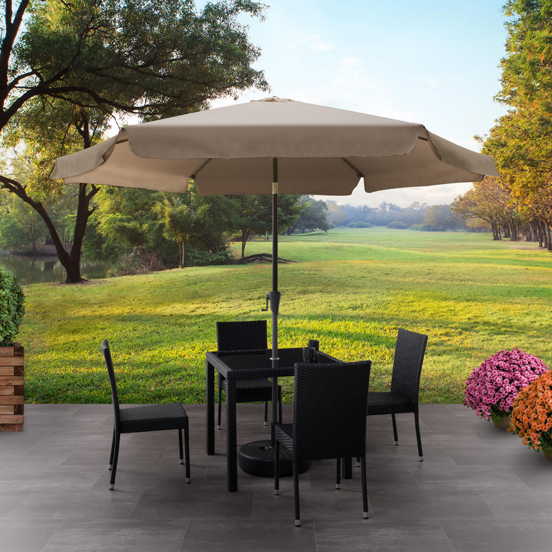 sandy brown 10ft patio umbrella, round tilting with base 200 Series lifestyle scene CorLiving