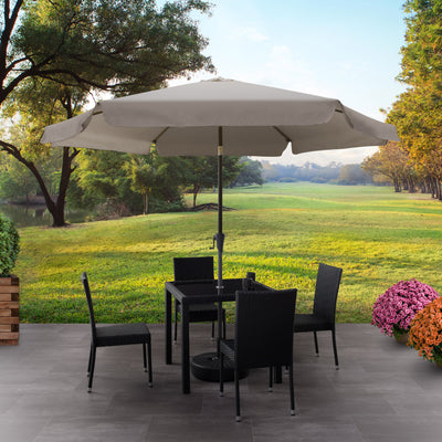 sand grey 10ft patio umbrella, round tilting with base 200 Series lifestyle scene CorLiving#color_sand-grey