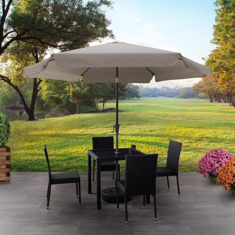 sand grey 10ft patio umbrella, round tilting with base 200 Series lifestyle scene CorLiving