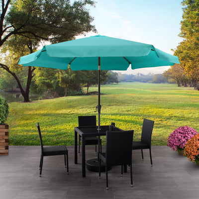 turquoise blue 10ft patio umbrella, round tilting with base 200 Series lifestyle scene CorLiving#color_turquoise-blue
