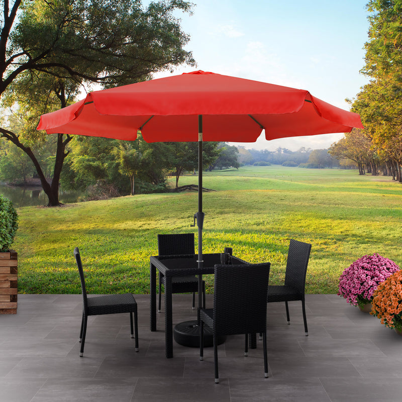 crimson red 10ft patio umbrella, round tilting with base 200 Series lifestyle scene CorLiving