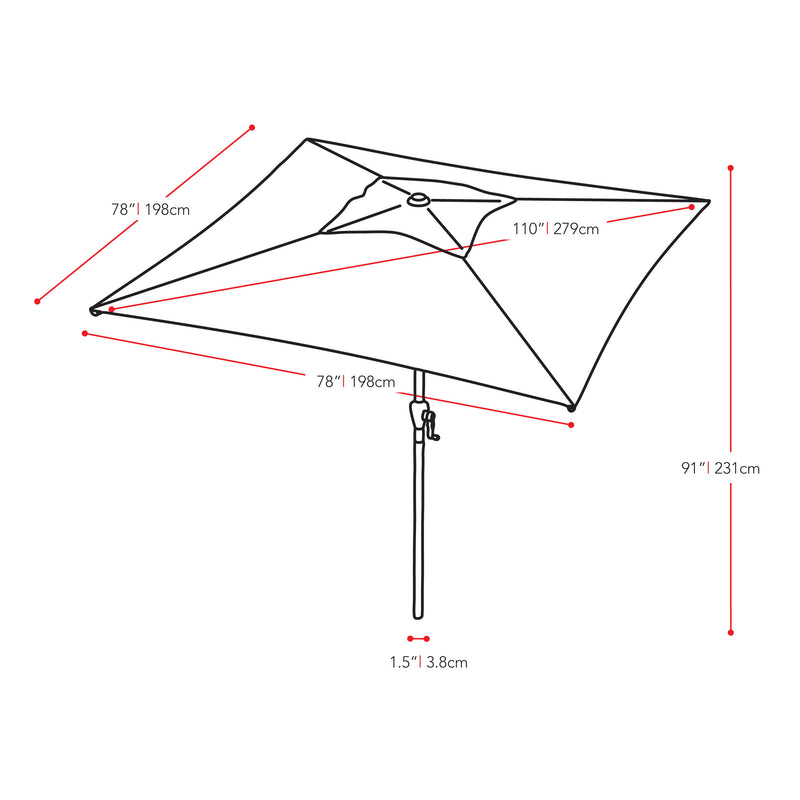 warm white square patio umbrella, tilting with base 300 Series measurements diagram CorLiving