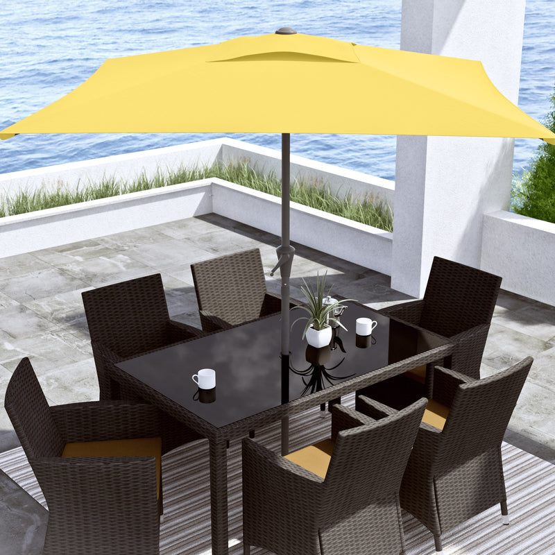 yellow square patio umbrella, tilting with base 300 Series lifestyle scene CorLiving