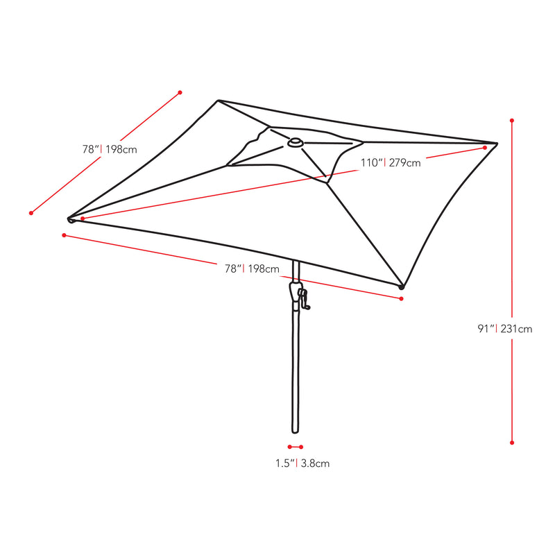 sandy brown square patio umbrella, tilting with base 300 Series measurements diagram CorLiving