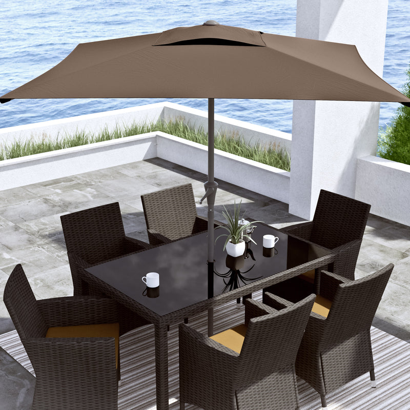 sandy brown square patio umbrella, tilting with base 300 Series lifestyle scene CorLiving